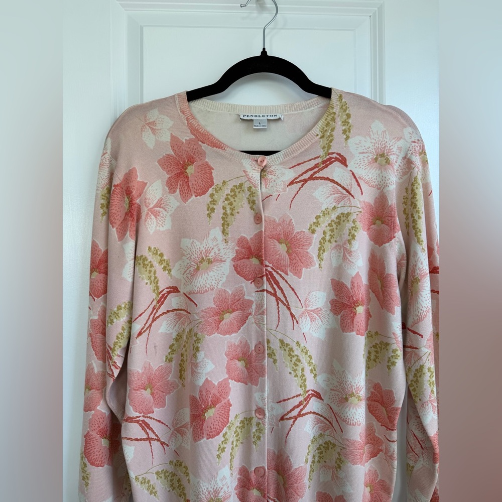 Pendleton Women’s Pink Green Floral Silk Blend Cardigan Size Large - Picture 2 of 10